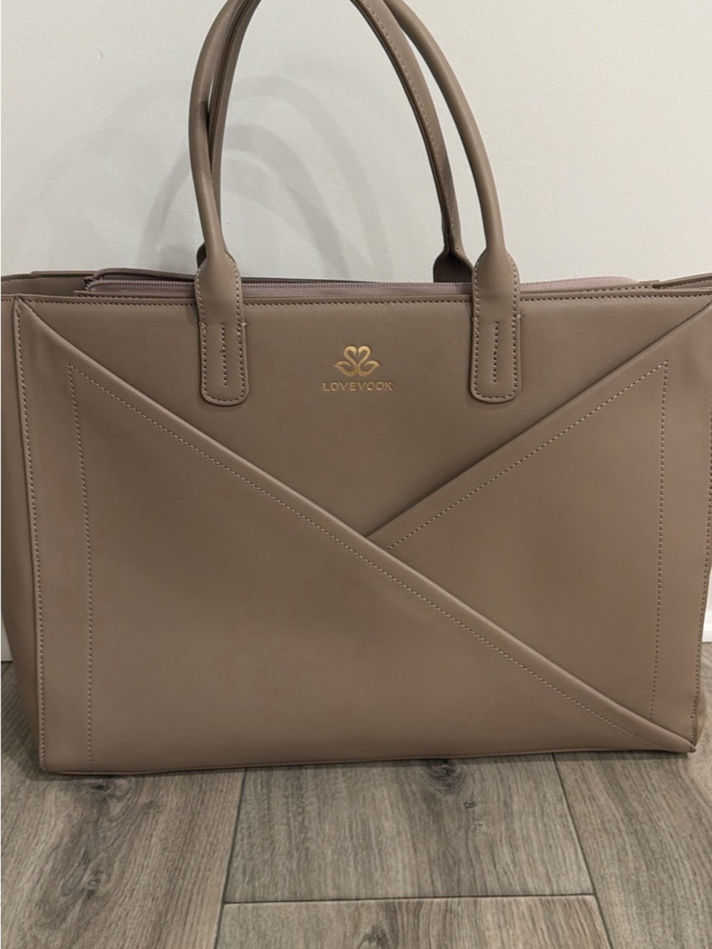 Taupe Structured Tote Bag with Folded-Panel Detail